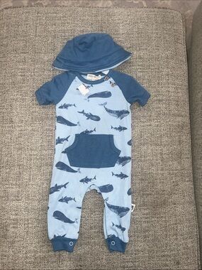 Blue Whale & Shark Print One-Piece Footie with Hat